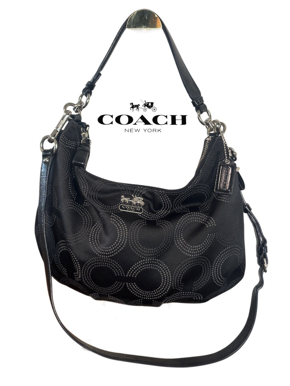 Coach Madison Dotted Op Art Black Signature Hobo Bag w/crossbody strap